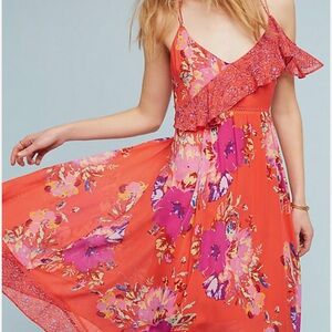 Maeve Anthropologie Floral Grecia Ruffle Midi Dress Red Motif Sz 2 Small S Boho